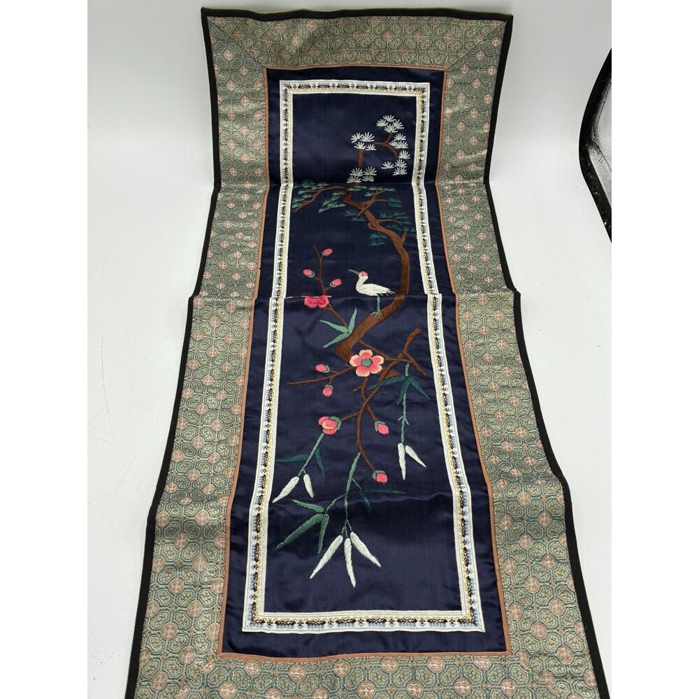 Vintage Chinese Silk Dresser Scarf Embroidered Crane Plum Blossom Beijing - Picture 2 of 8